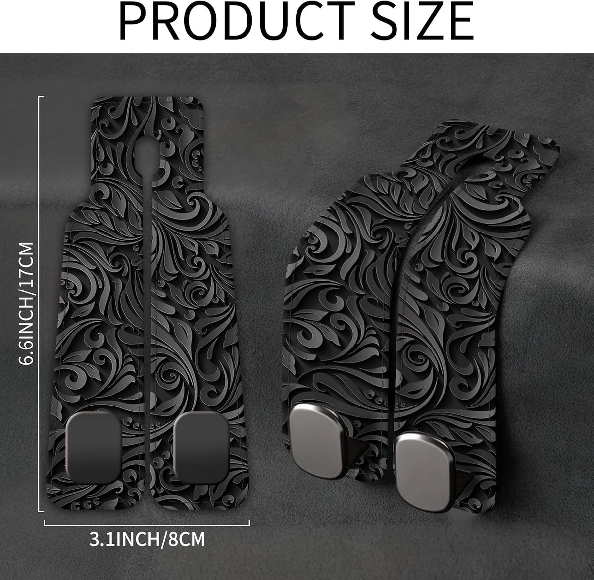 Car Seat Back Storage Headrest Hook, Premium Leather Double Metal Hook, Hanger Storage Organizer for Purse Cloth Bag, Car Interior Accessories Luxury Black Flowers