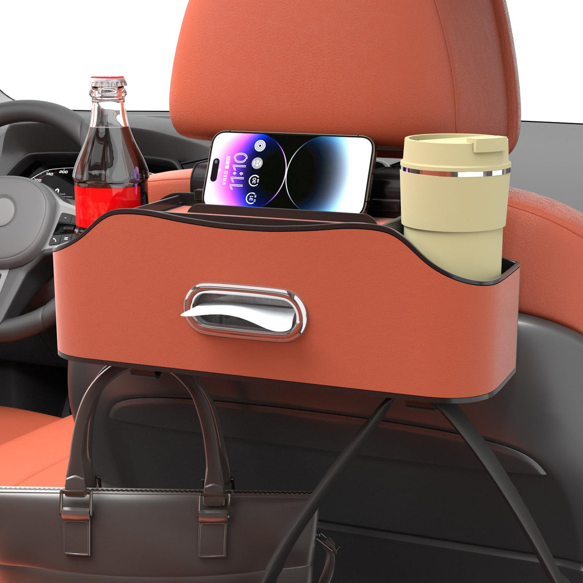 Back Seat Cup Holder for Car – Multifunctional Seat Back Organizer with Drink Holders, Tissue Box Storage & Hooks, Fits Headrest for Auto. (White)