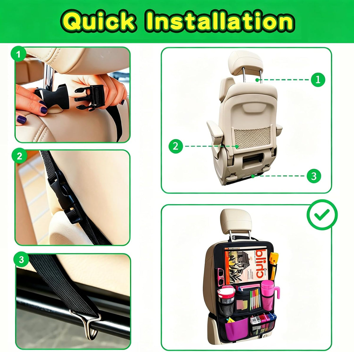 Car Organizer Kick Mats Back Seat Protector, Car Back Seat Organizer with Tablet Holder Pocket for Kids, Travel Accessories with 10 Storage Pockets, 2 Pack