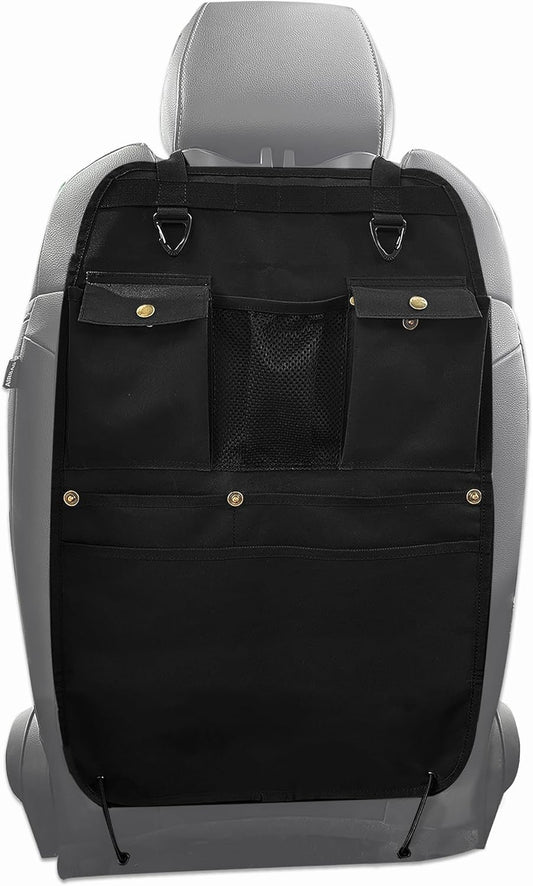 Black Car Seat Back Organizer with Multiple Pockets and Hooks