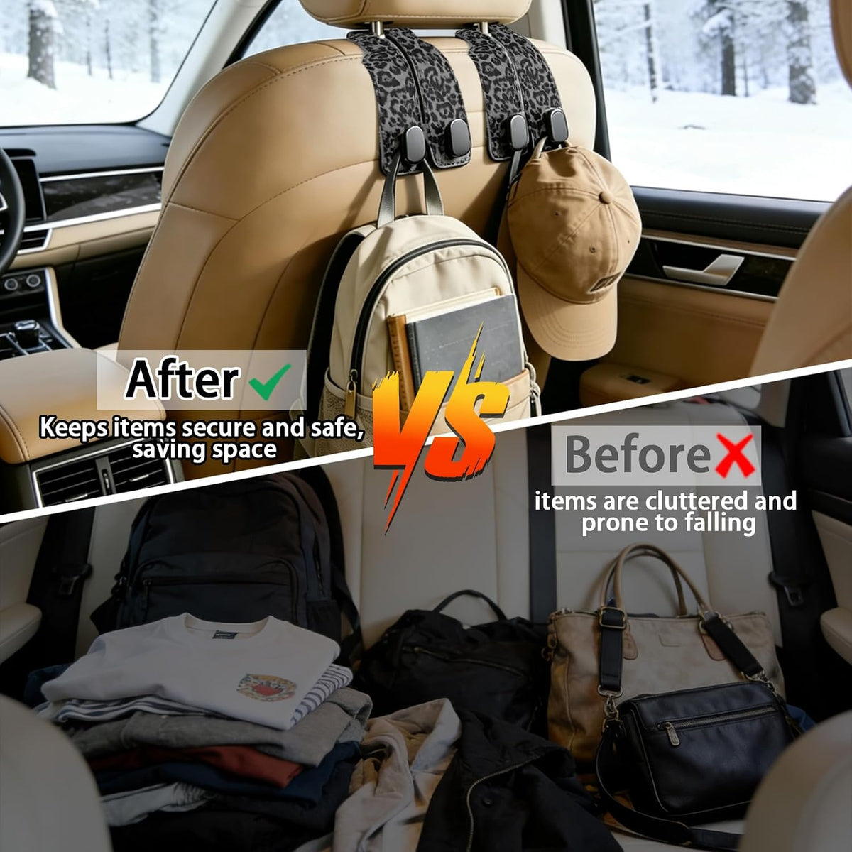 Car Hooks for Headrest: 2Pcs Bag Hooks For Car - Leopard Car Hooks
