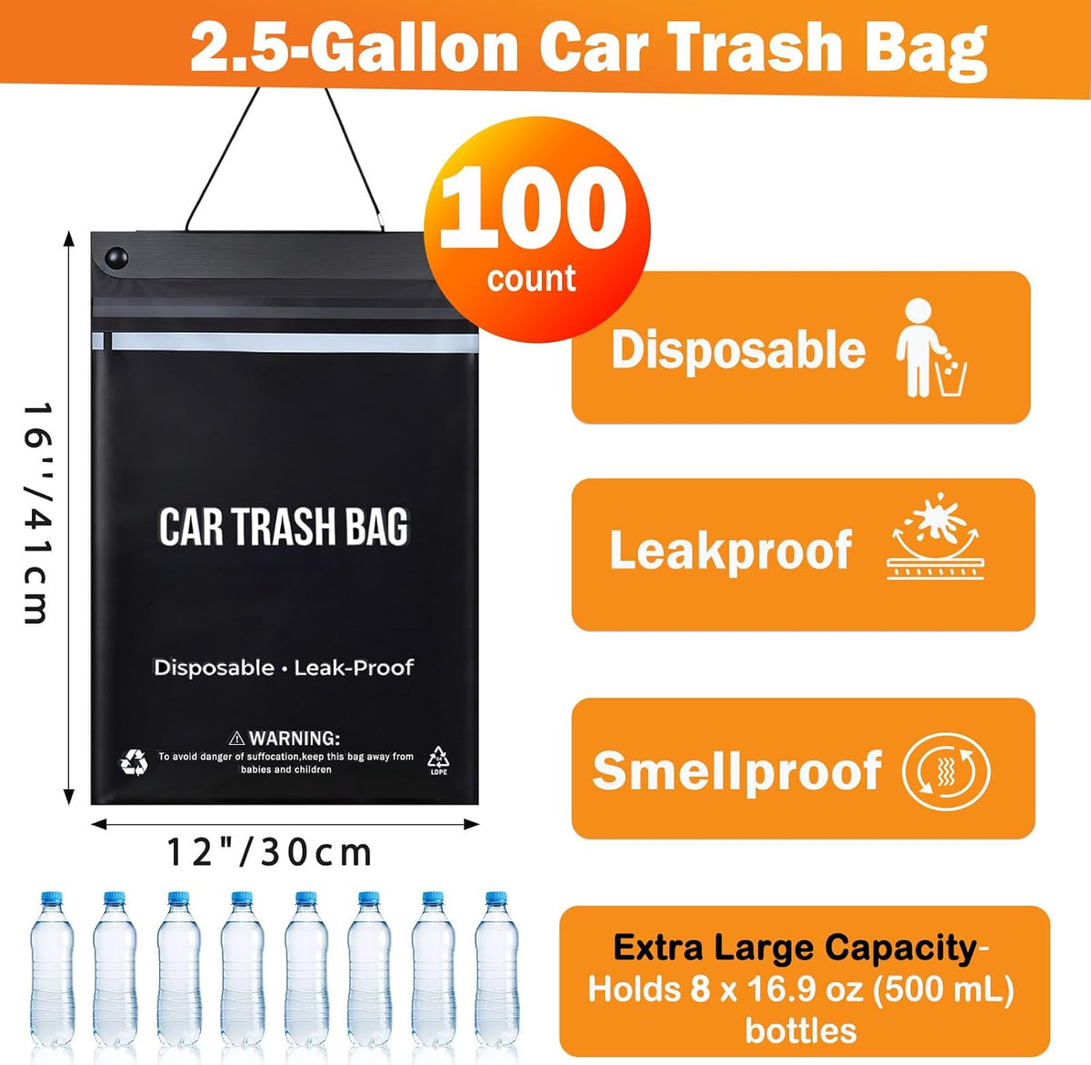 100 Count Disposable Car Trash Bags, Hanging & Stick-On Car Trash Can