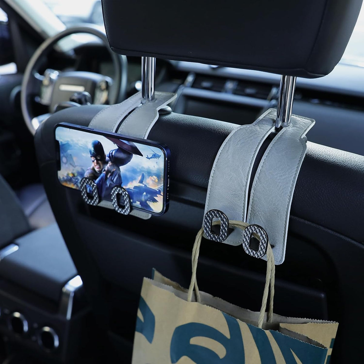 Car Headrest Hooks Universal Car Purse Hook Premium Leather and Alloy Twin Hook Car Seat Back Storage Hanger Hook for Purse Bags Cloth Drink Durable Holder Car Accessories (BH09-Grey-Black)