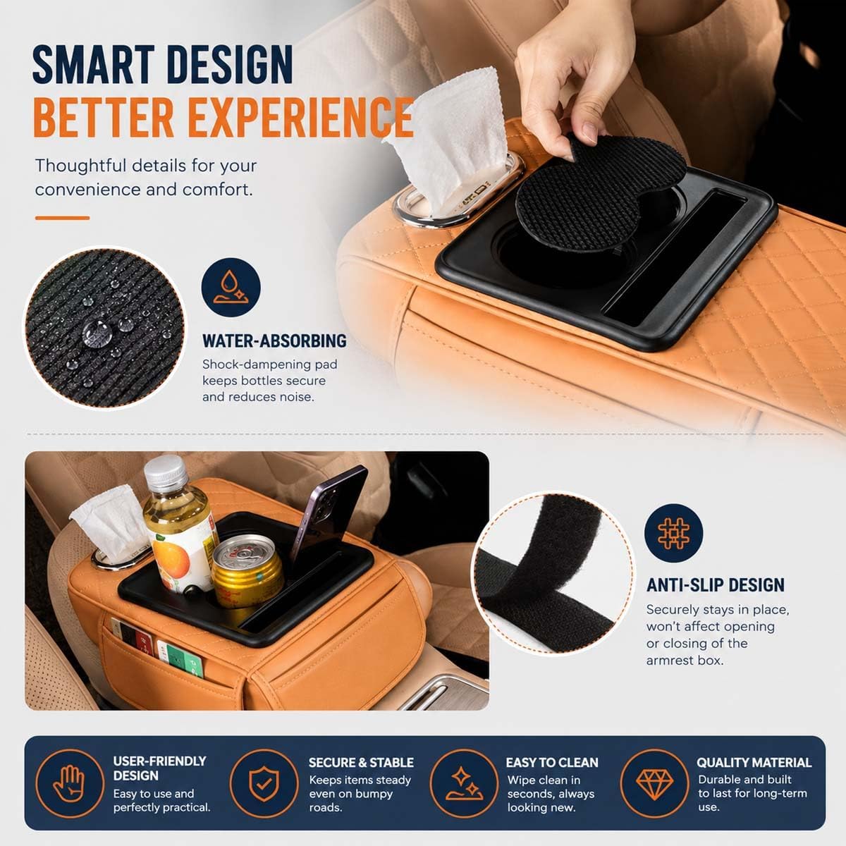 Multifunctional PU Leather Car Armrest Box Mat, 5-in-1 Center Console Cover with Cup Holder with 2 Storage Bags, Tissue Box Slot, Phone Slot for Universal Most Cars,Velcro Design (Gray)