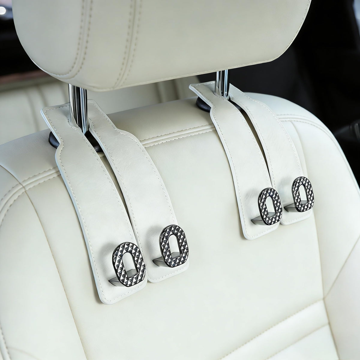 Car Headrest Hooks Universal Car Purse Hook Premium Leather and Alloy Twin Hook Car Seat Back Storage Hanger Hook for Purse Bags Cloth Drink Durable Holder Car Accessories (BH09-Grey-Black)