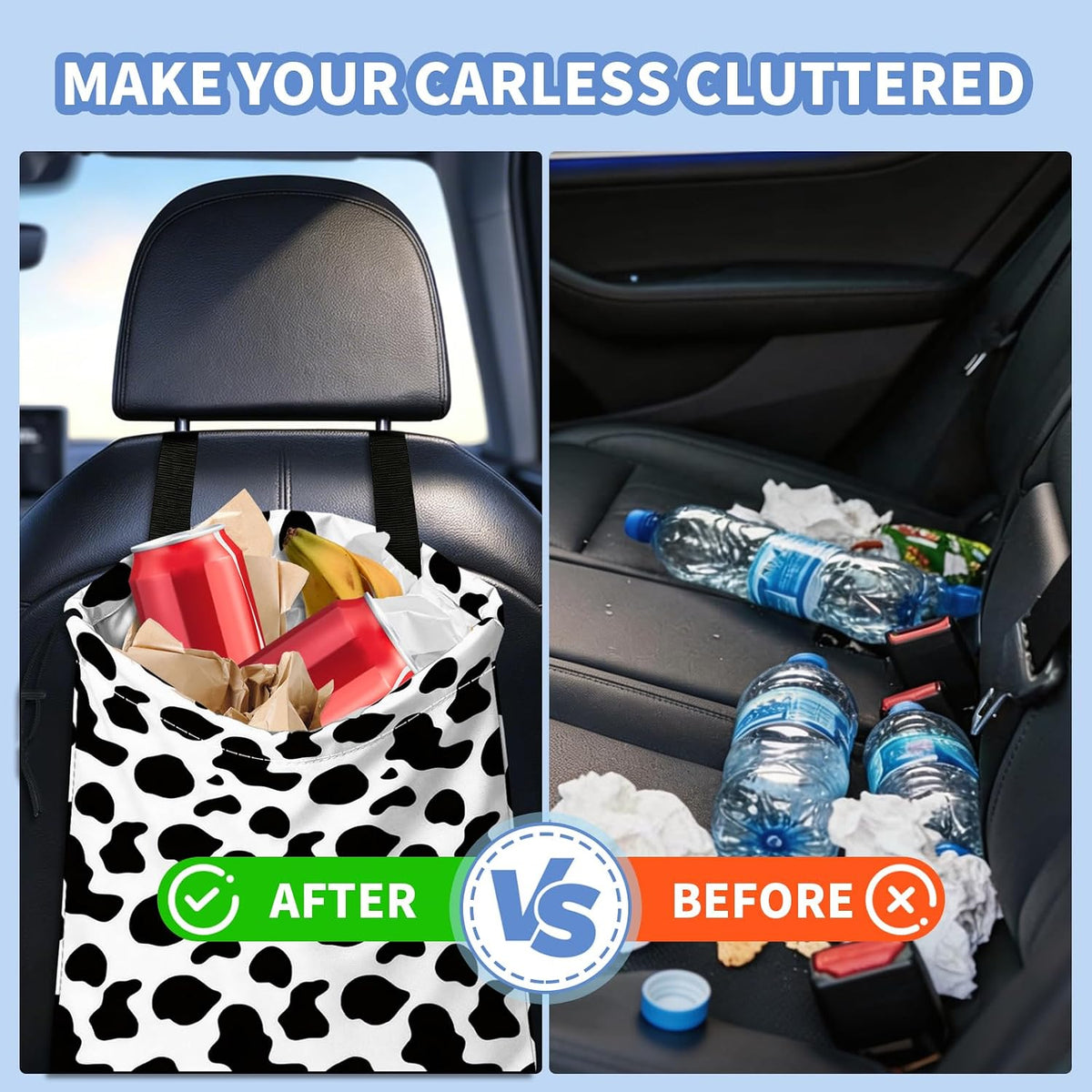 XIANGYUAN Cute Car Trash Bag,Hanging Car Organizer and Storage Bag,Trash Bin for Car Accessories,Cars Back Seat Organizer for Vehicle Travelling Camping（Black and White Cow Print）