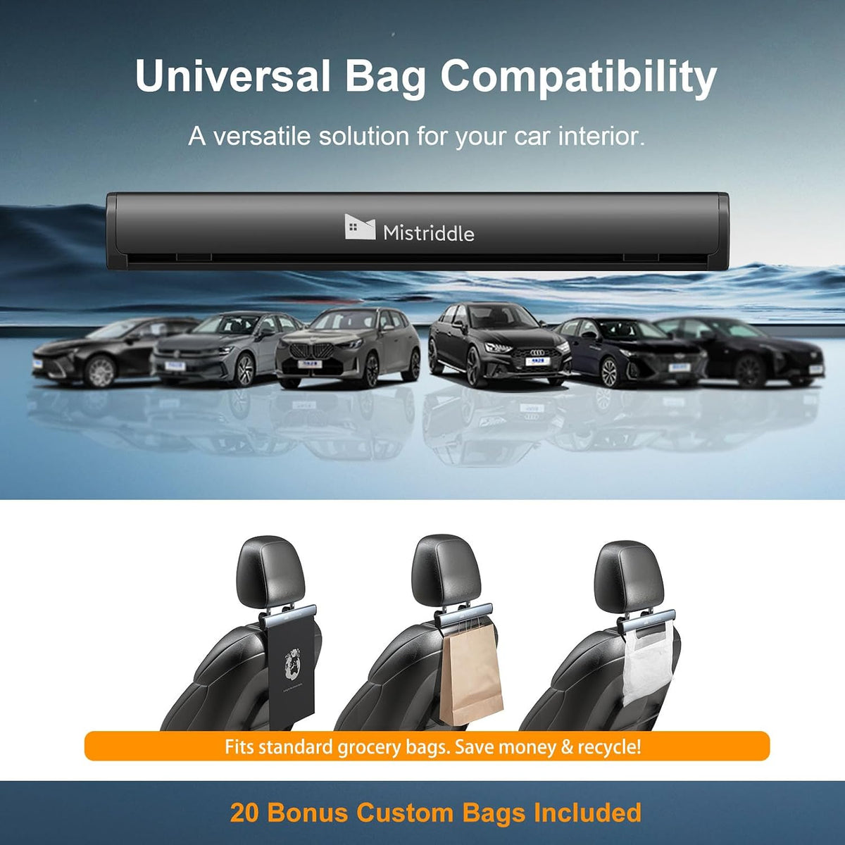 Mistriddle Headrest Hanging Car Trash Bag Holder - Aluminum Alloy with 25 Disposable Trash Bags, 2 Headrest Hooks, Compact Car Garbage Bin for Back Seat, Office, Travel & Camping (Black)