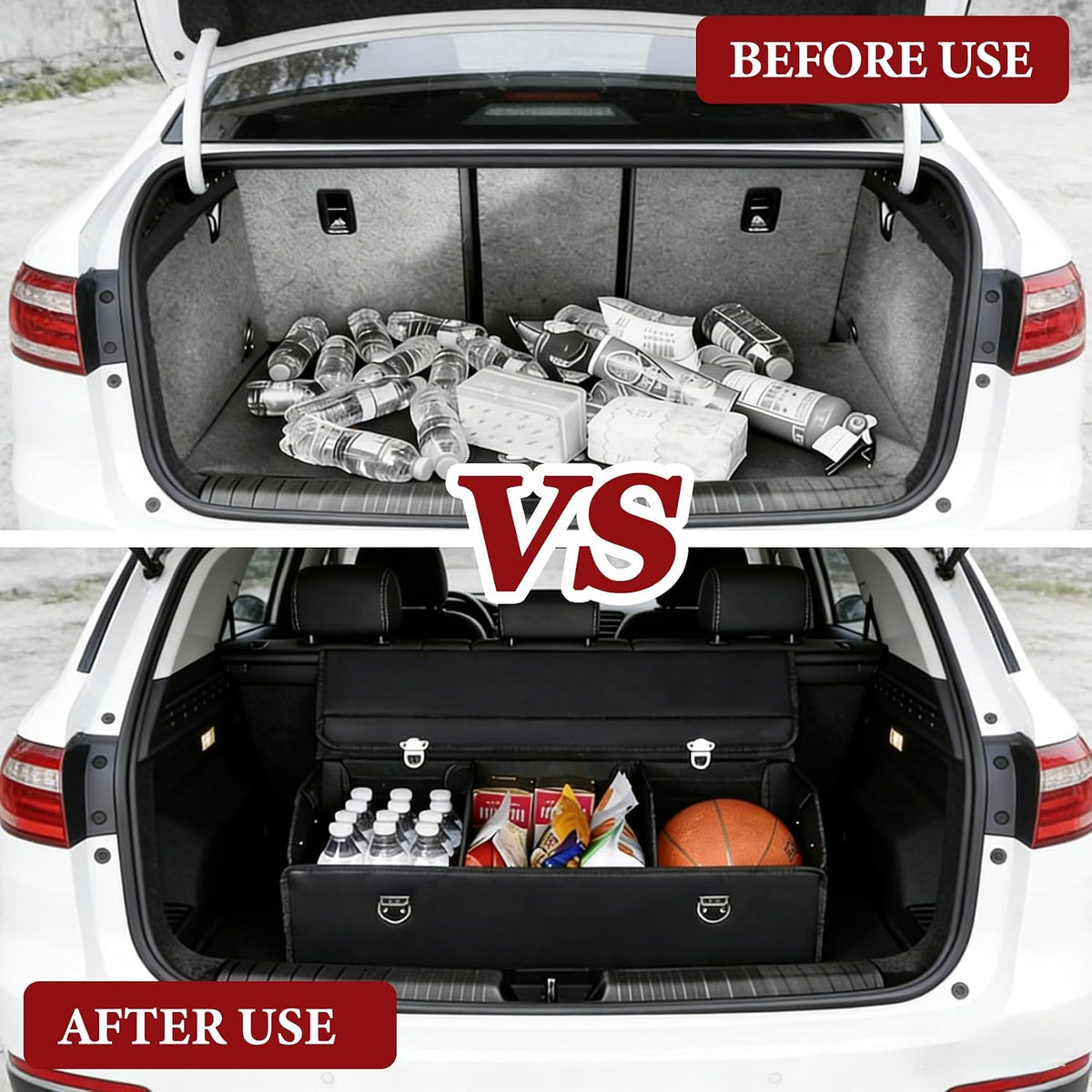 Leather Storage Box Car Trunk Organizer with Lid, Foldable PU Leather Cargo Storage Bin for SUV Sedan Truck, Portable Auto Organizer for Grocery Tool Storage, Black 14.9" L*12.2" W*11.8" H