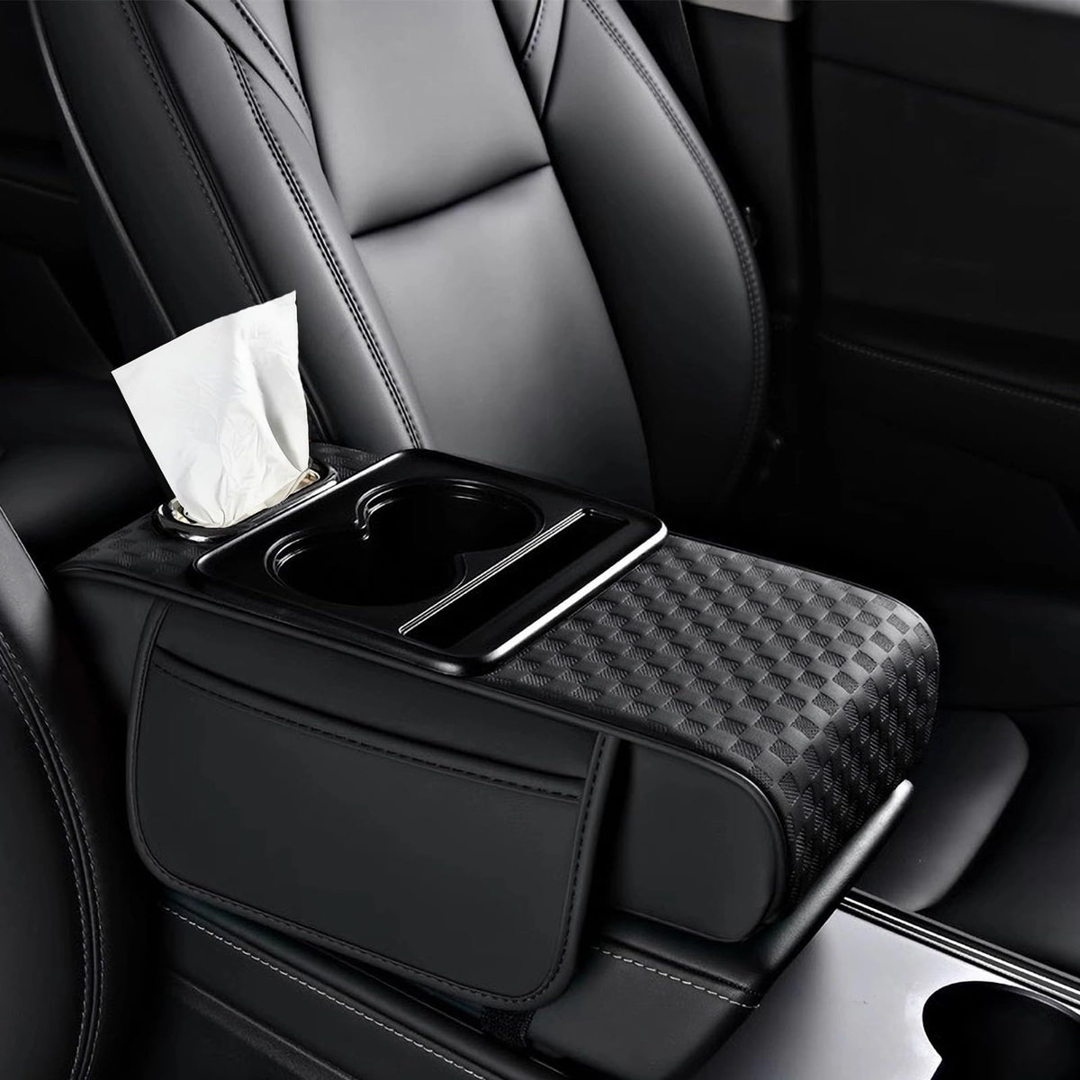 Center Console Cover,Car Armrest Cushion Multifunctional with 2 Storage Bags Cup Holder,Phone Slot,Tissue Box Slot for Most Cars Accessories Interior Organizers-Black+Red 13.8x7.9 in