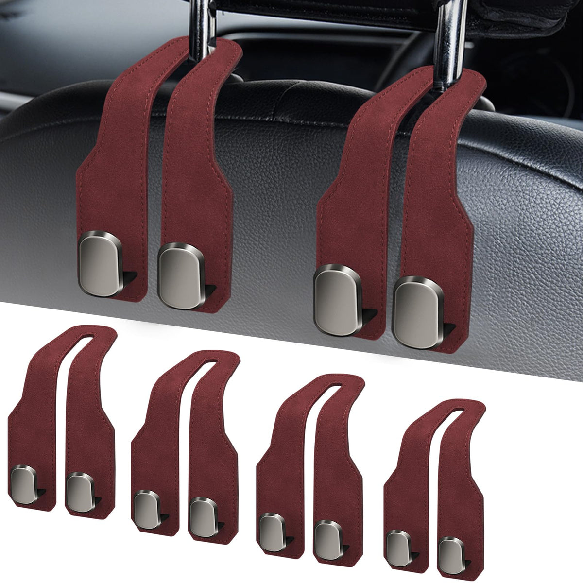 Car Purse Hook, Car Seat Headrest Hooks, Grey Leather 4 Pack