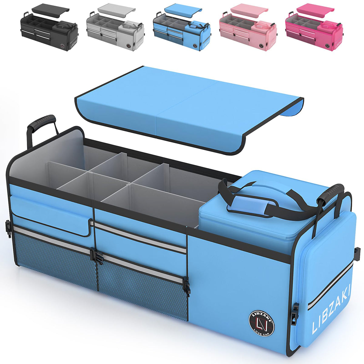 LIBZAKI Oversize 4 in 1 Car Trunk Storage Organizer, Multi Compartment Collapsible Trunk Storage Box with Cooler Bag for Car Truck SUV-Rose red