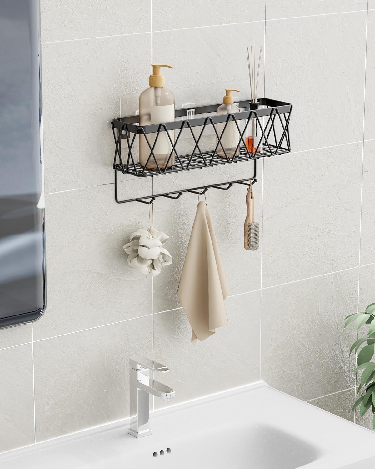 Key Holder Wall Mount Adhesive- Key and Mail Holder for Wall with 5 Hooks, Wall Mounted Mail Organizer and Key Rack, Modern Basket Key Hanger for Entryway, Home, Living Room Wall Decor, Black