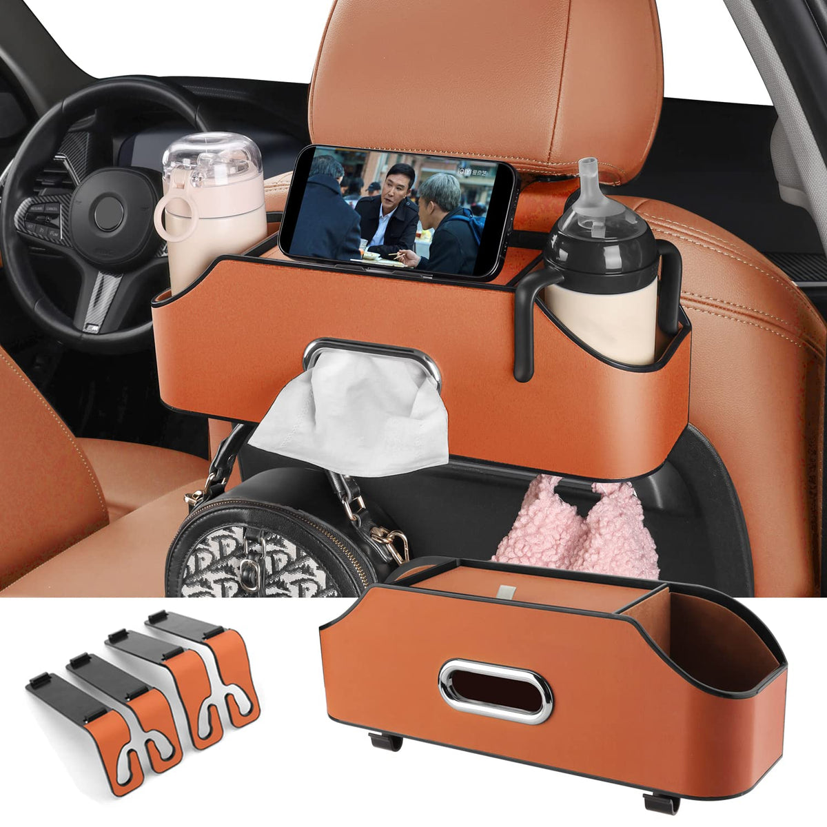 HOLDCY Car Back Seat Organizer with 2 Cup Holders, Tissue Storage, Black