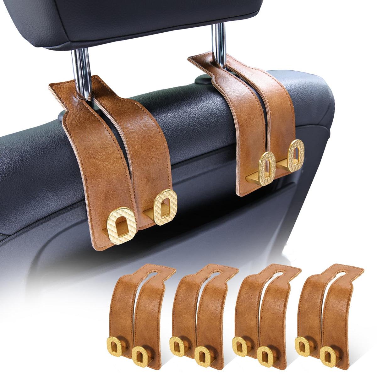 Car Headrest Hooks Universal Car Purse Hook Premium Leather and Alloy Twin Hook Car Seat Back Storage Hanger Hook for Purse Bags Cloth Drink Durable Holder Car Accessories (BH09-Grey-Black)