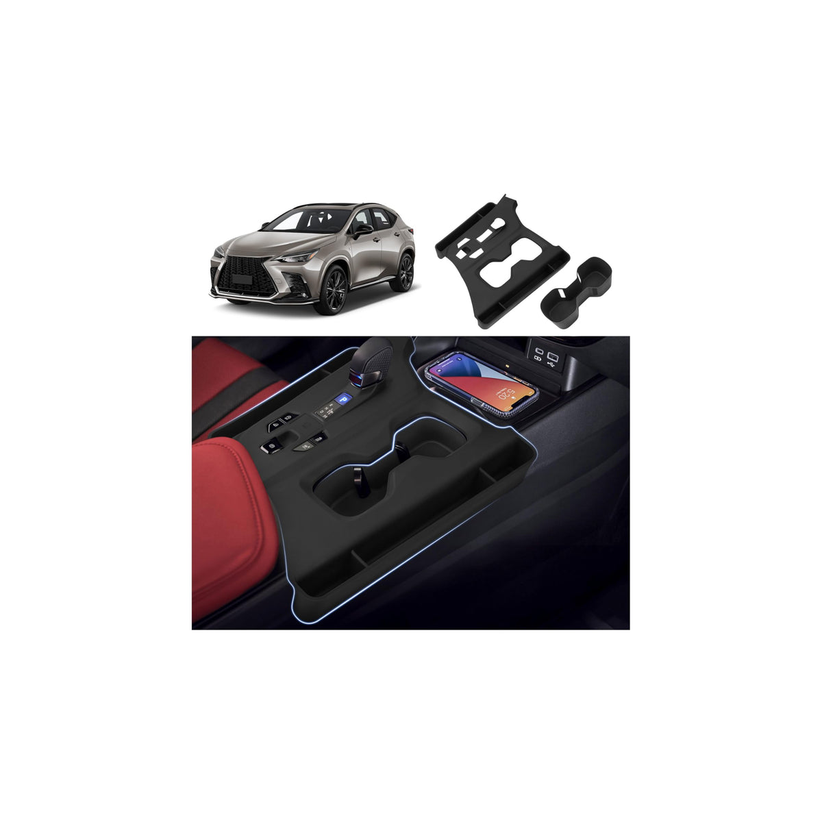 Autorder Center Console Organizer for 2022 2023 2024 2025 2026 Lexus NX NX 250/NX 350/NX 350h 450h+ Accessories Armrest Storage Box Secondary Insert Tray with Anti-Slip Mat