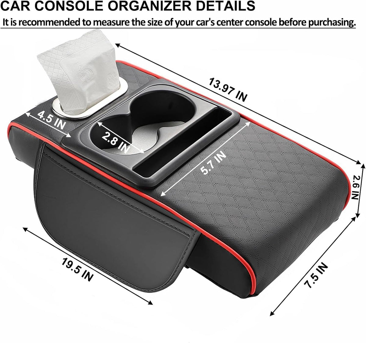 Center Console Cover,Car Armrest Cushion Multifunctional with 2 Storage Bags Cup Holder,Phone Slot,Tissue Box Slot for Most Cars Accessories Interior Organizers-Black+Red 13.8x7.9 in