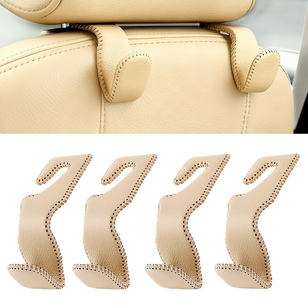 AMVOYOA Headrest Hooks for Car, Back Seat Organizer Gray Leather Hanger Holder Hook, for Hanging Purses and Bags and Coats, Pack of 2
