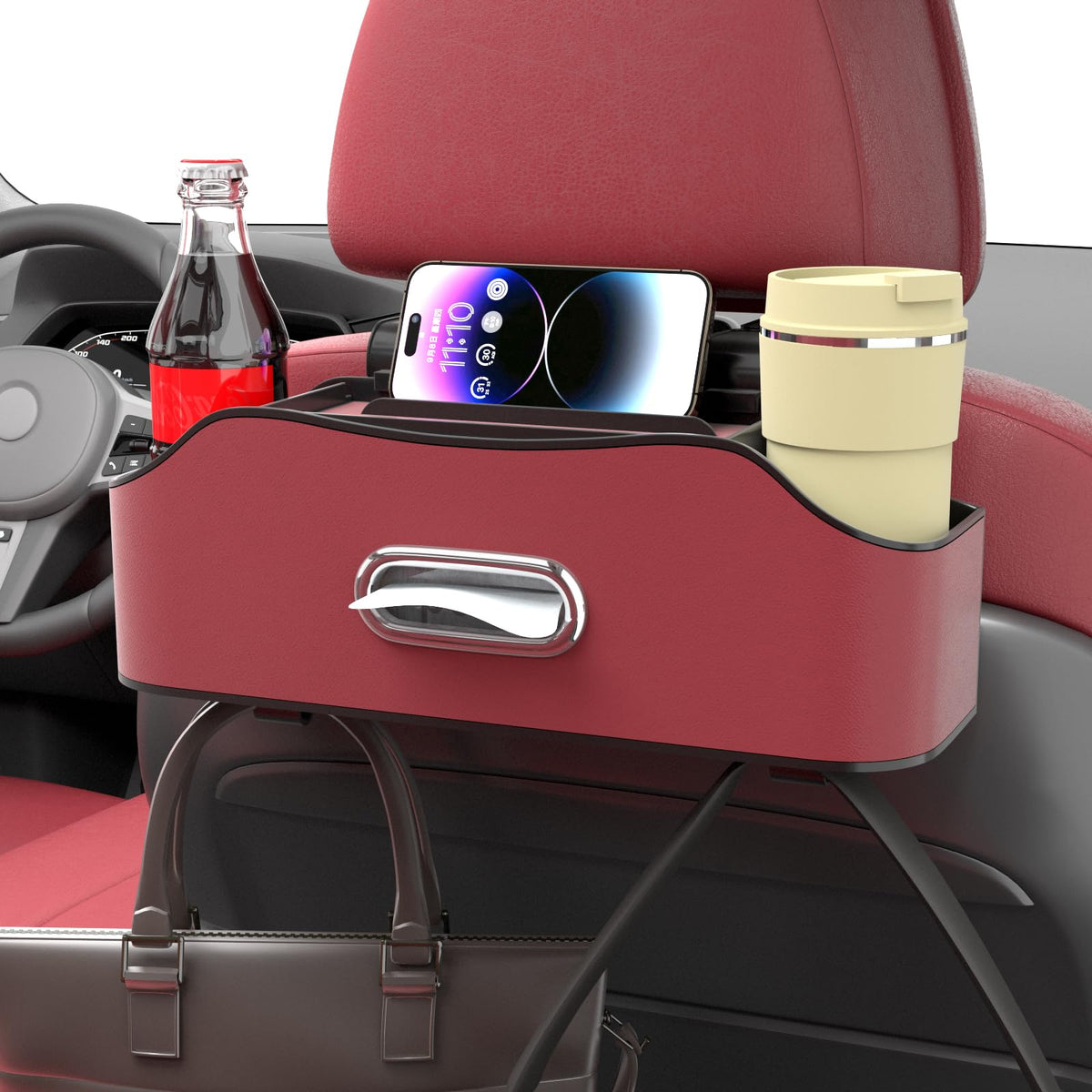 Back Seat Cup Holder for Car – Multifunctional Seat Back Organizer with Drink Holders, Tissue Box Storage & Hooks, Fits Headrest for Auto. (White)