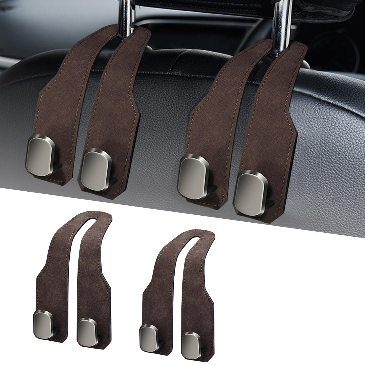 Car Purse Hook, Car Seat Headrest Hooks, Grey Leather 4 Pack