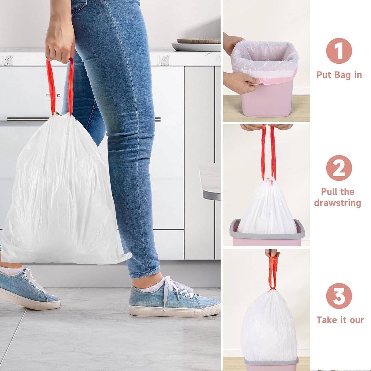 Small Trash Bags Bathroom 2 Gallon - Drawstring Kitchen Garbage Bag 125 Count Clear White Mini Unscented Strong Durable Bulk Wastebasket Plastic Liners for Car Office Can