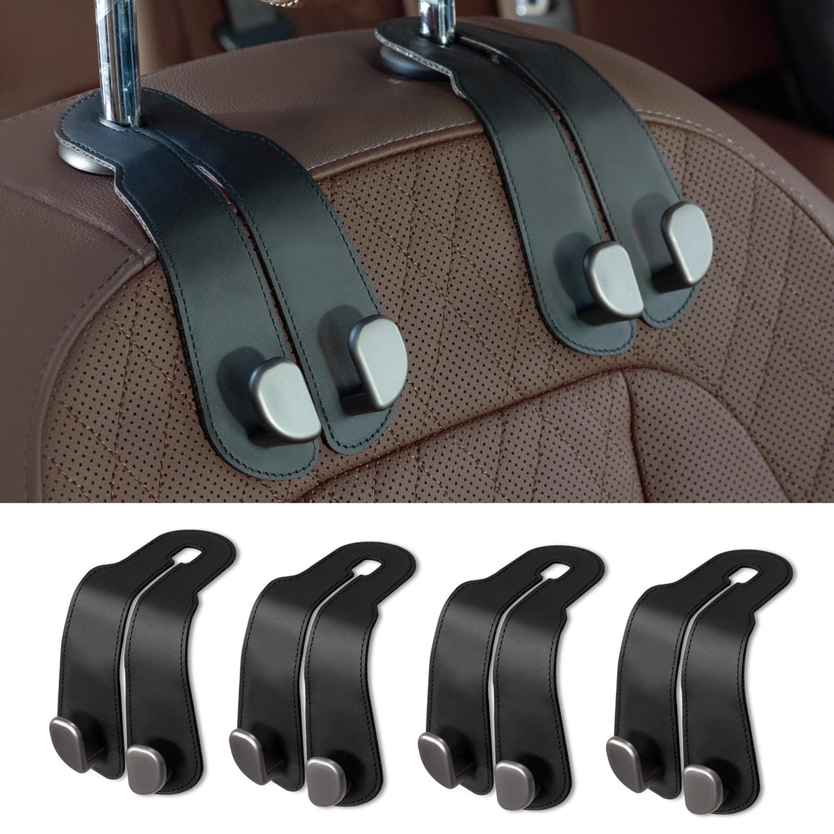 CoBak Purse Hook for Car - Universal Premium Stitched Leather and Aluminum-Magnesium Alloy Double Car Seat Back Storage Hook for Purses, Handbags, Bags (2 Pack),SageGreen