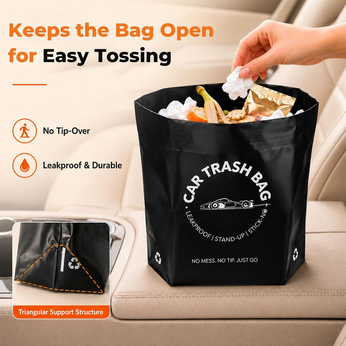 Disposable Car Trash Bags, Stand-Up & Stick-On Car Trash Can Alternative