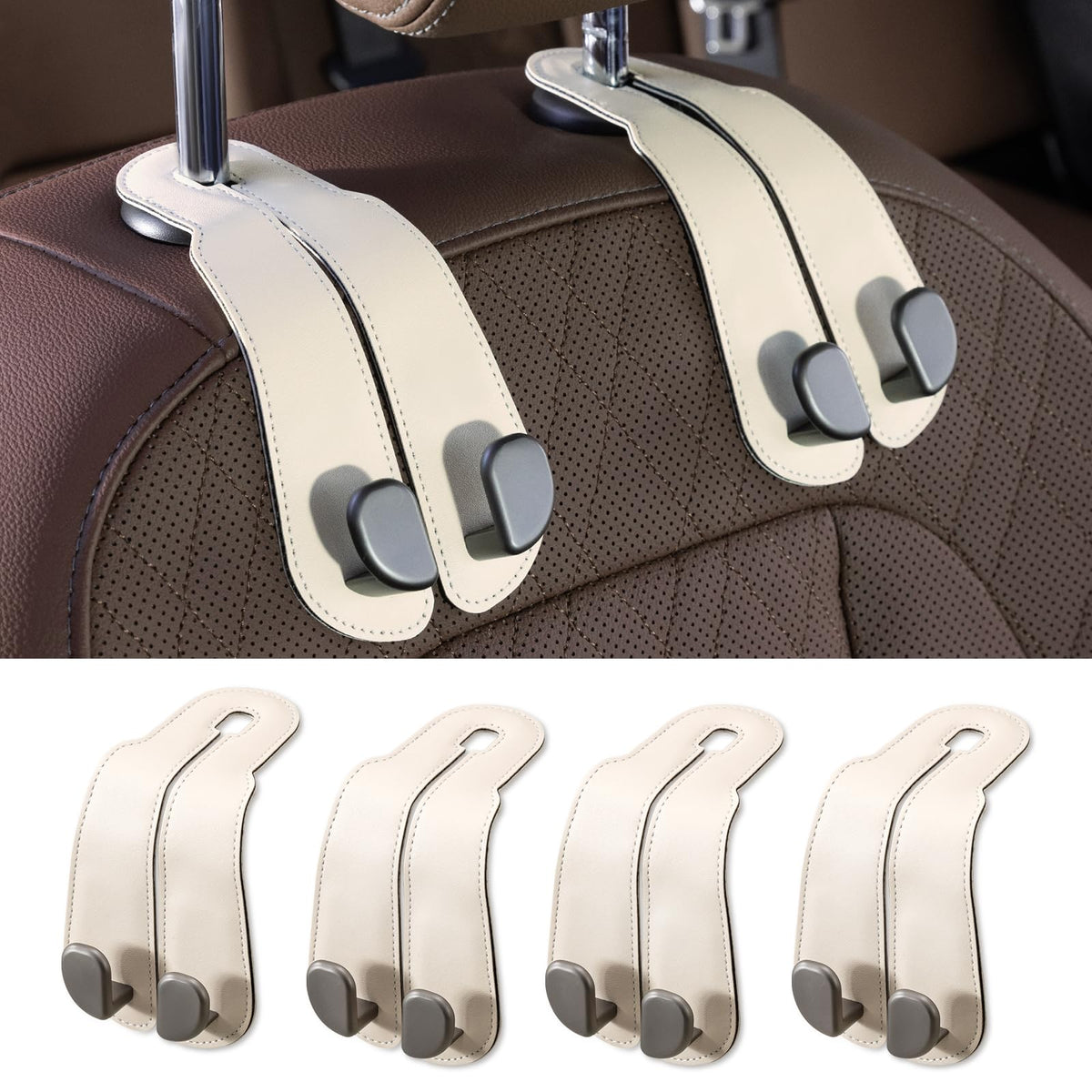 CoBak Purse Hook for Car - Universal Premium Stitched Leather and Aluminum-Magnesium Alloy Double Car Seat Back Storage Hook for Purses, Handbags, Bags (4 Pack),Black