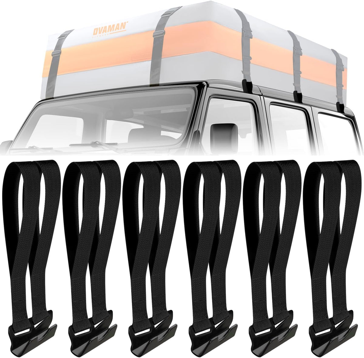 6 Rooftop Cargo Tie Down Hook Straps-Secure Any Car Roof Bag, Roof Rack Cargo Carrier,or Car Top Carrier,Durable and Solid, No Roof Rack Required, Compatible with Most Cars - Registered Patent (black)