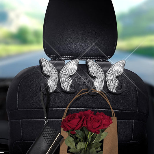 2 Pack Butterfly Bling Car Seat Headrest Hooks for Purses and Bags Aesthetic Design Car Hooks Rhinestones Hanger for Car Back Seat Organizer Storage Hook Bling Black Car Accessories for Women