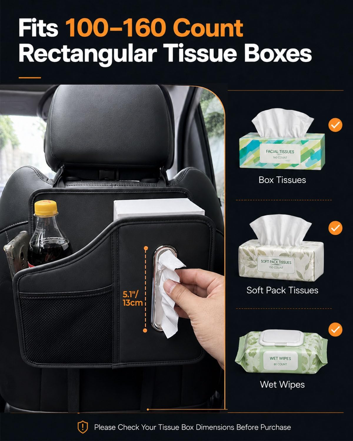 Leather Car Tissue Holder, Back Seat Car Organizer with Cup Holder & Hooks