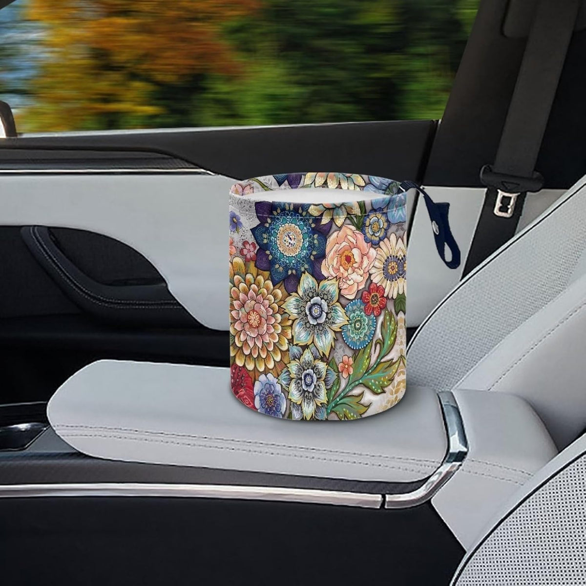 Boho Flowers Car Trash Can Waterproof Auto Vehicle Garbage Organizer Bag Hanging Car Waste Basket Holder for Front Seat Back, Seat, Floor, Headrest
