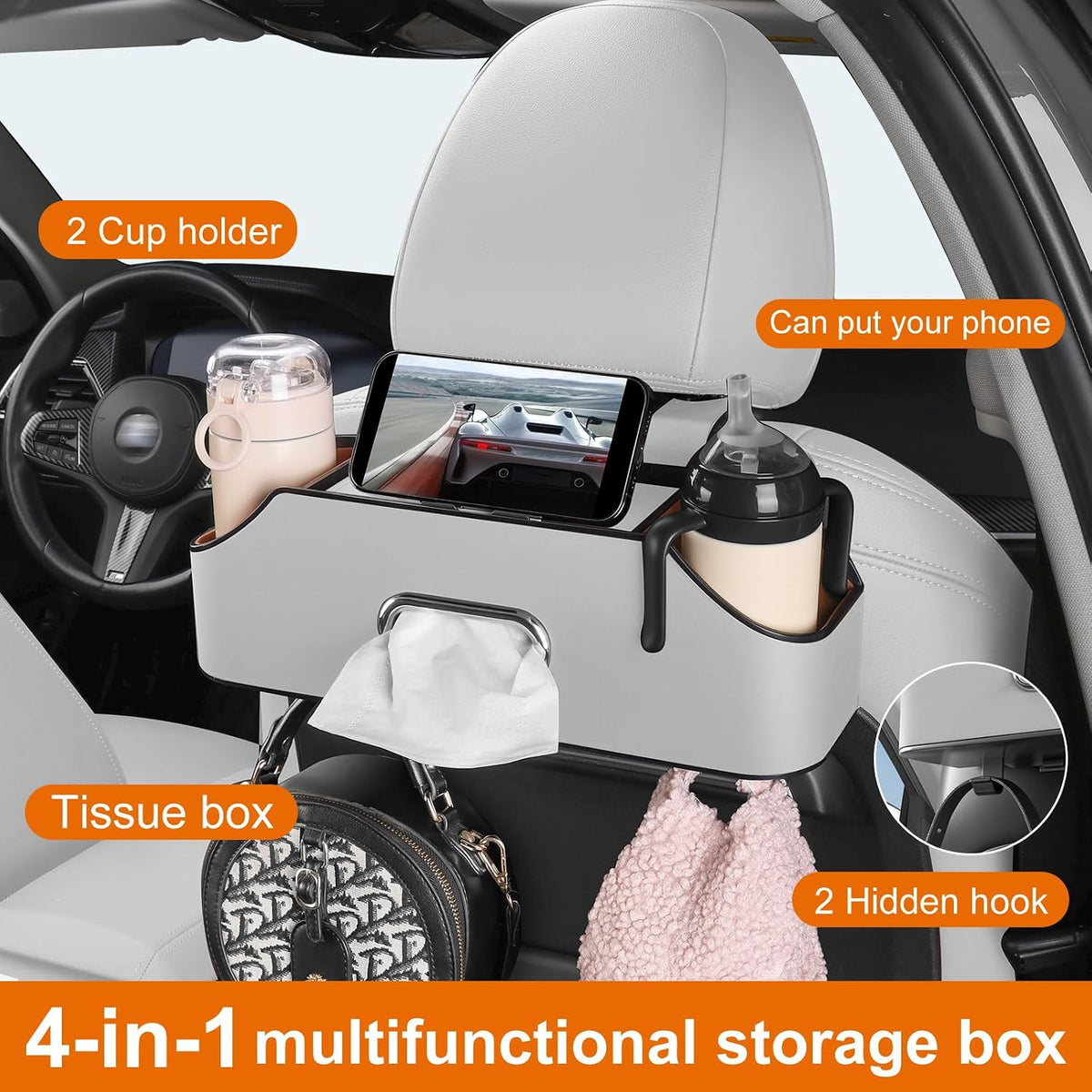 Car Seat Back Cup Holder, 4-in-1 Multifunctional Backseat Organizer with Tissue Box Storage & Hooks (Gray)