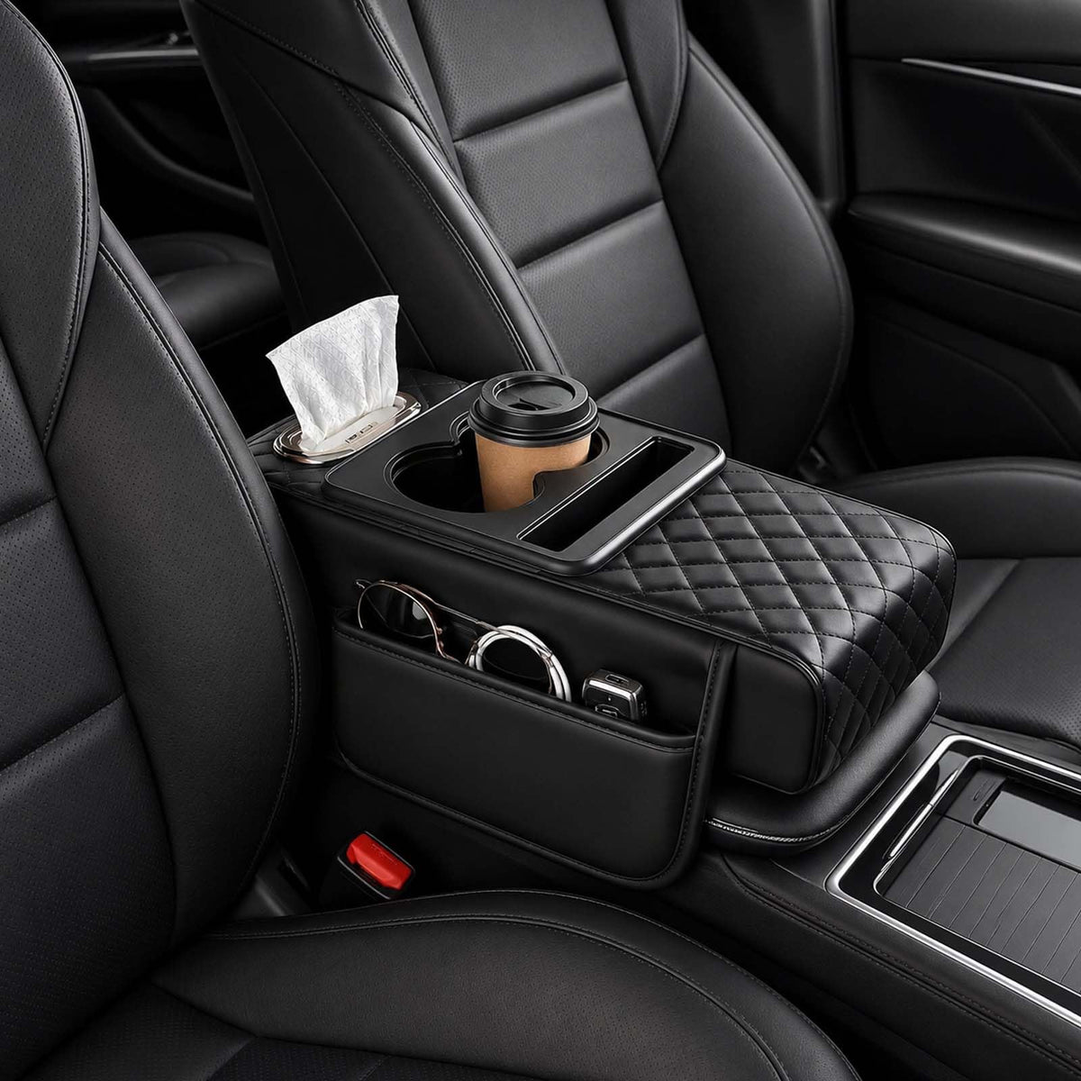 Multifunctional PU Leather Car Armrest Box Mat, 5-in-1 Center Console Cover with Cup Holder with 2 Storage Bags, Tissue Box Slot, Phone Slot for Universal Most Cars,Velcro Design (Gray)