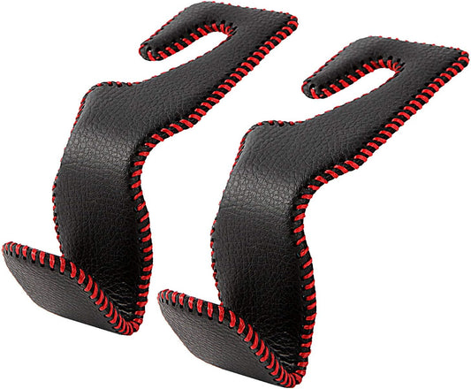 AMVOYOA Car Headrest Hook, Leather Vehicle Back Seat Hanger Storage for Purse Groceries Bag and More, Black&Red, Pack of 2