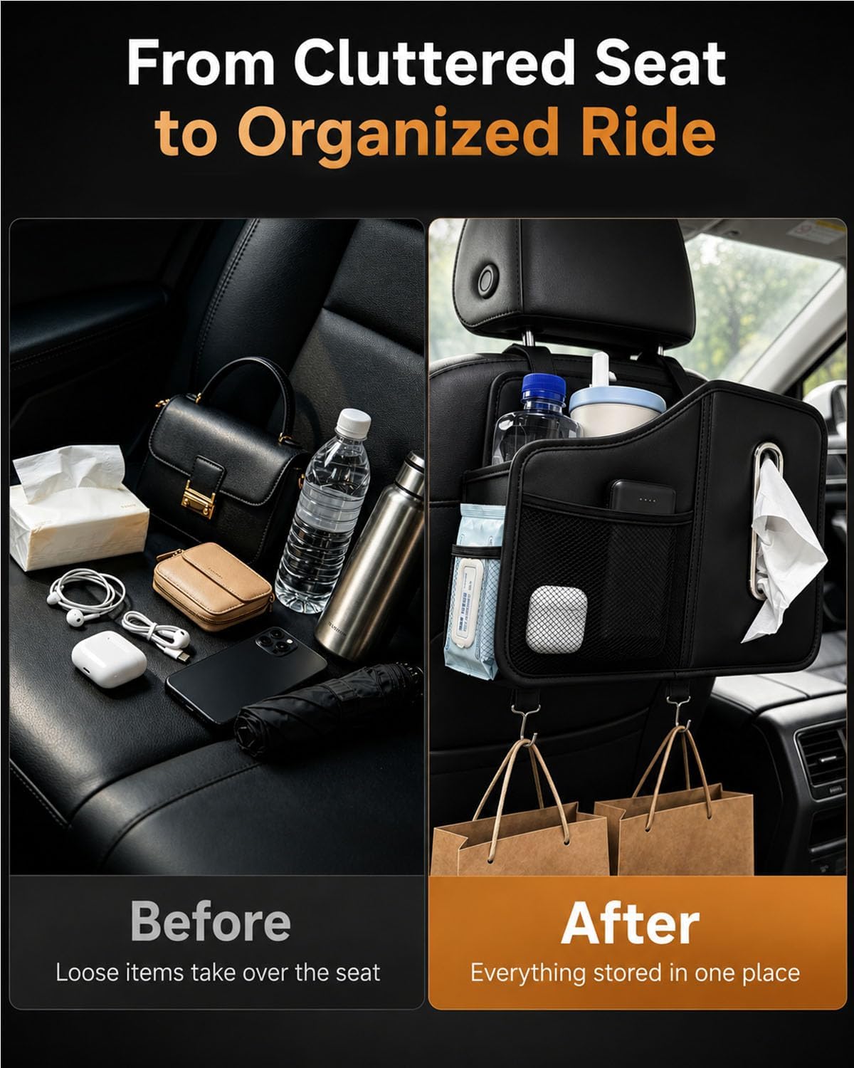 Leather Car Tissue Holder, Back Seat Car Organizer with Cup Holder & Hooks