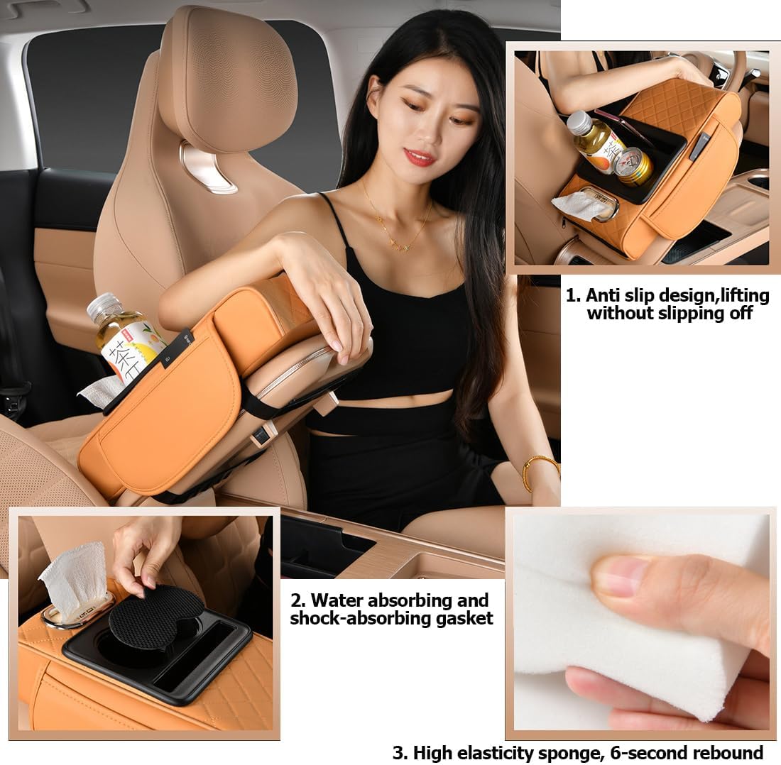 Car Armrest Cushion,5-in-1 Center Console Cover with 2 Storage Bags Cup Holder, Tissue Box Slot, Phone Slot for Sedans, Car Accessories Interior Organizers (Gey)