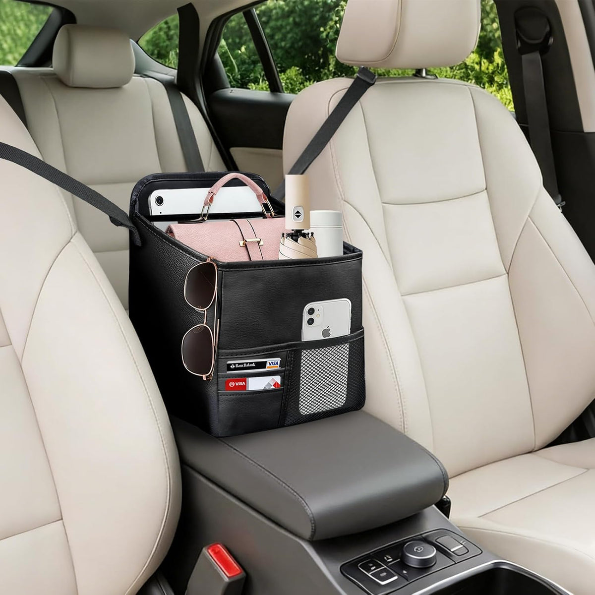 Leather Car Purse Holder Between Seats with Expandable Pocket