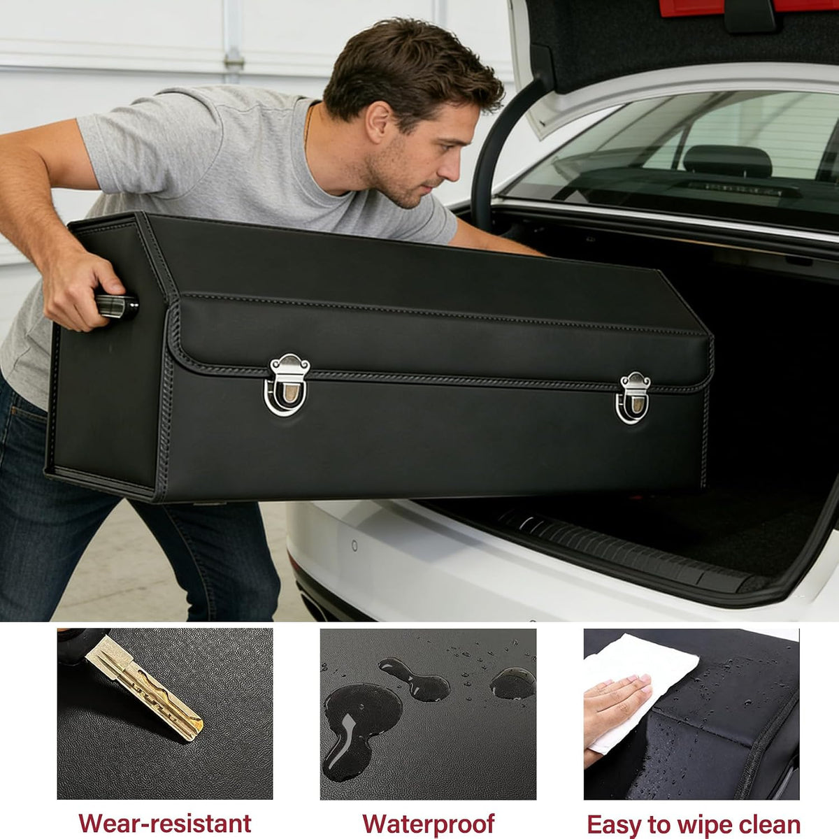Leather Storage Box Car Trunk Organizer with Lid, Foldable PU Leather Cargo Storage Bin for SUV Sedan Truck, Portable Auto Organizer for Grocery Tool Storage, Black 14.9" L*12.2" W*11.8" H