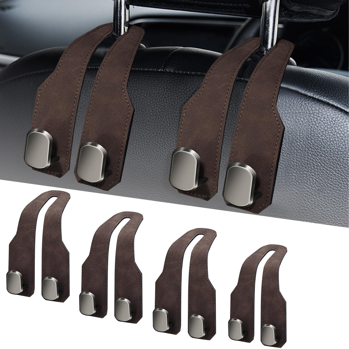 Car Purse Hook, Car Seat Headrest Hooks, Grey Leather 4 Pack