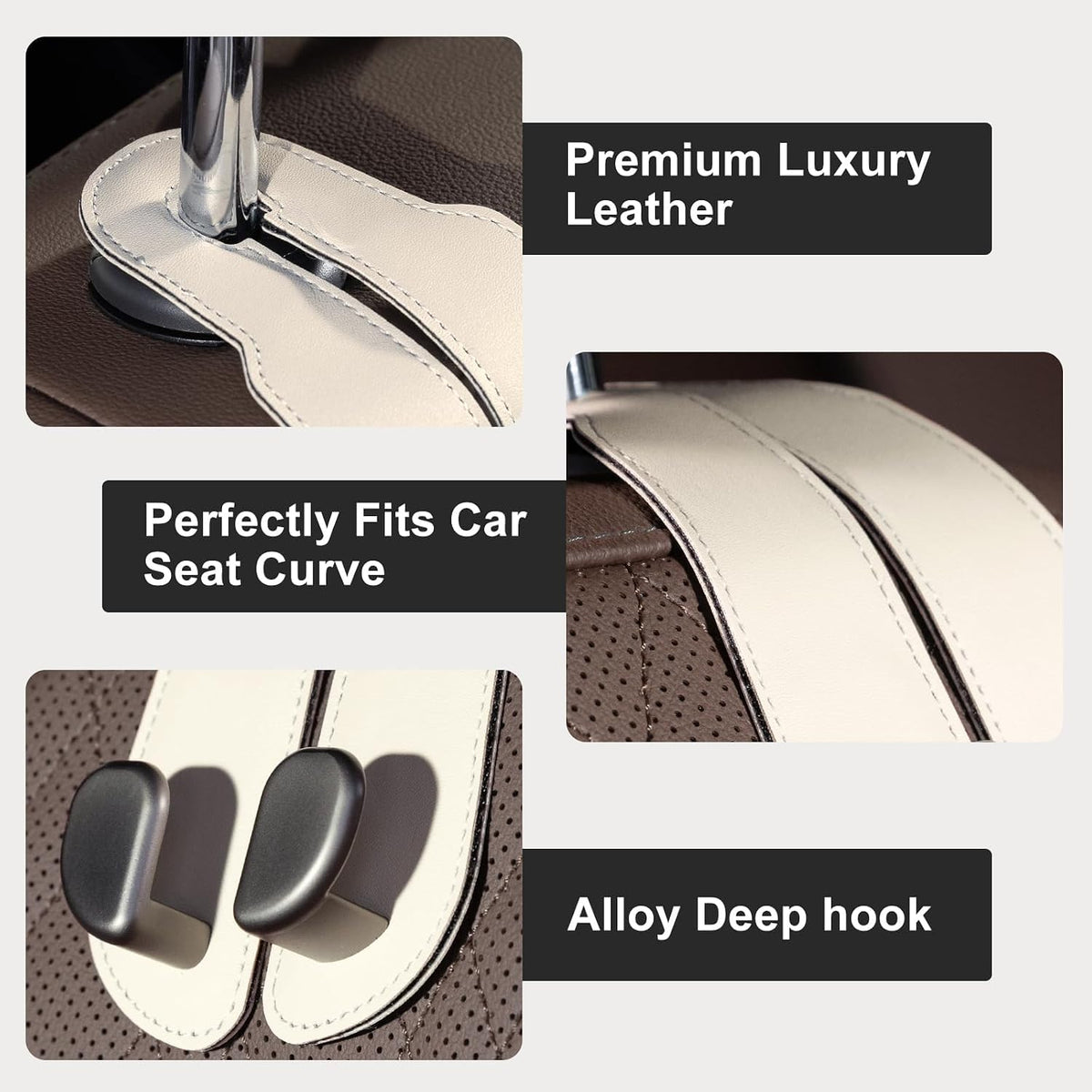 CoBak Purse Hook for Car - Universal Premium Stitched Leather and Aluminum-Magnesium Alloy Double Car Seat Back Storage Hook for Purses, Handbags, Bags (2 Pack),Beige