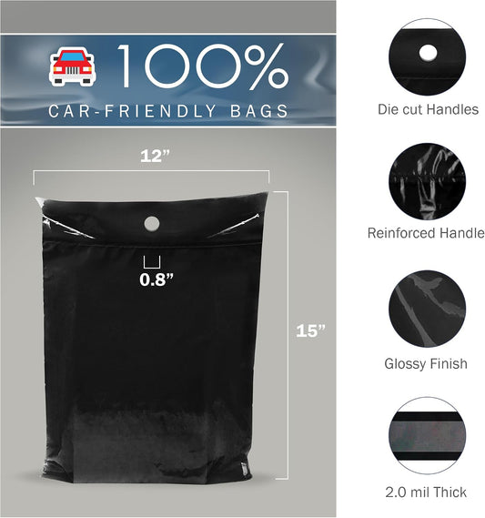 12x15 Black Car Trash Bags, Leak-Proof, Headrest Handle, 2 Mil, 50 Pack