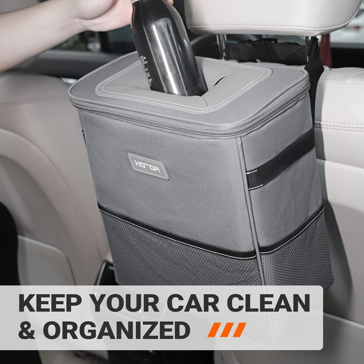 HOTOR Car Trash Can, Leakproof Car Organizer, 2-Gallon, Gray