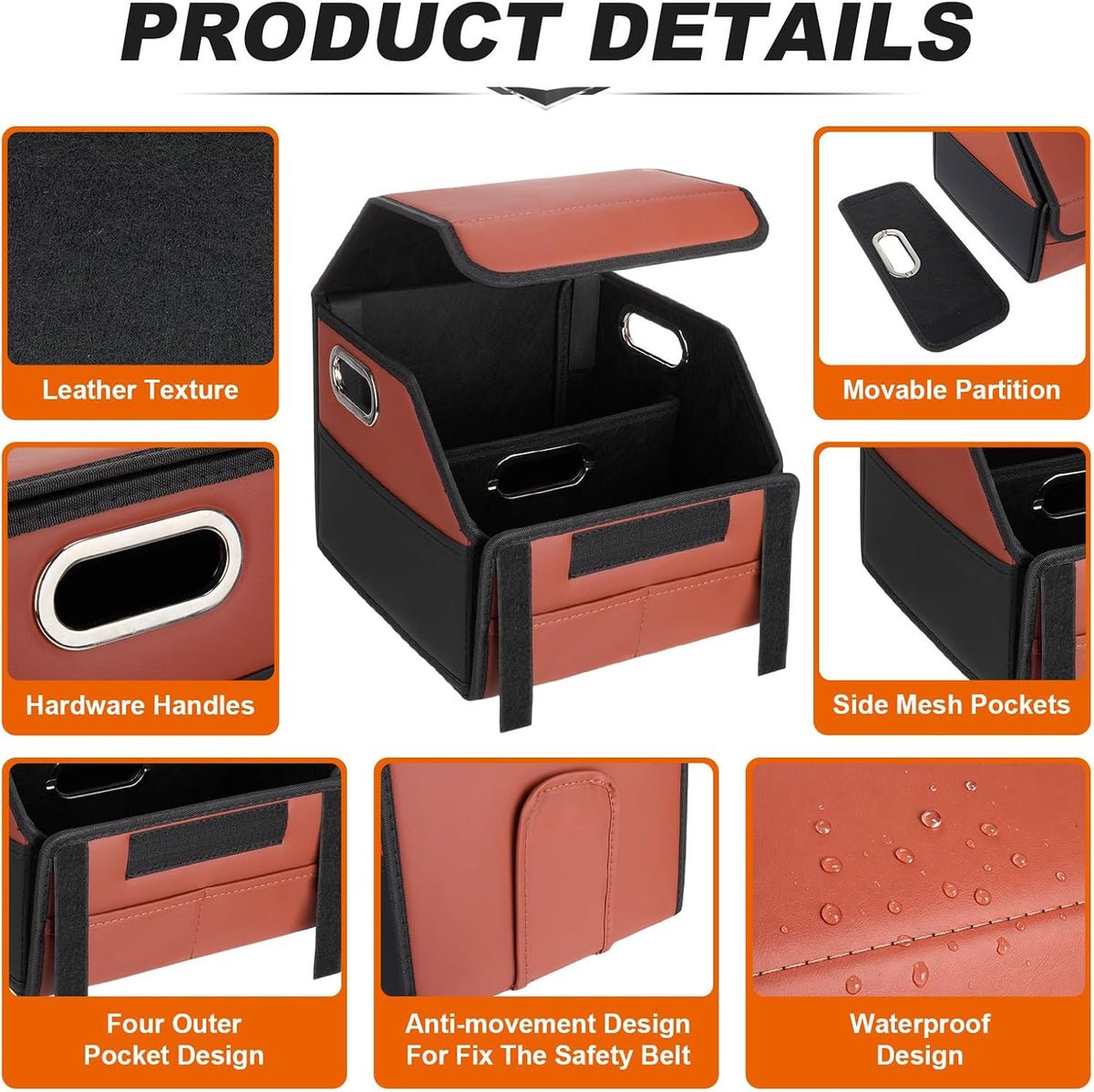 Car Storage Organizer with Box Lid, Leather Car Seat Organizer, Brown Black