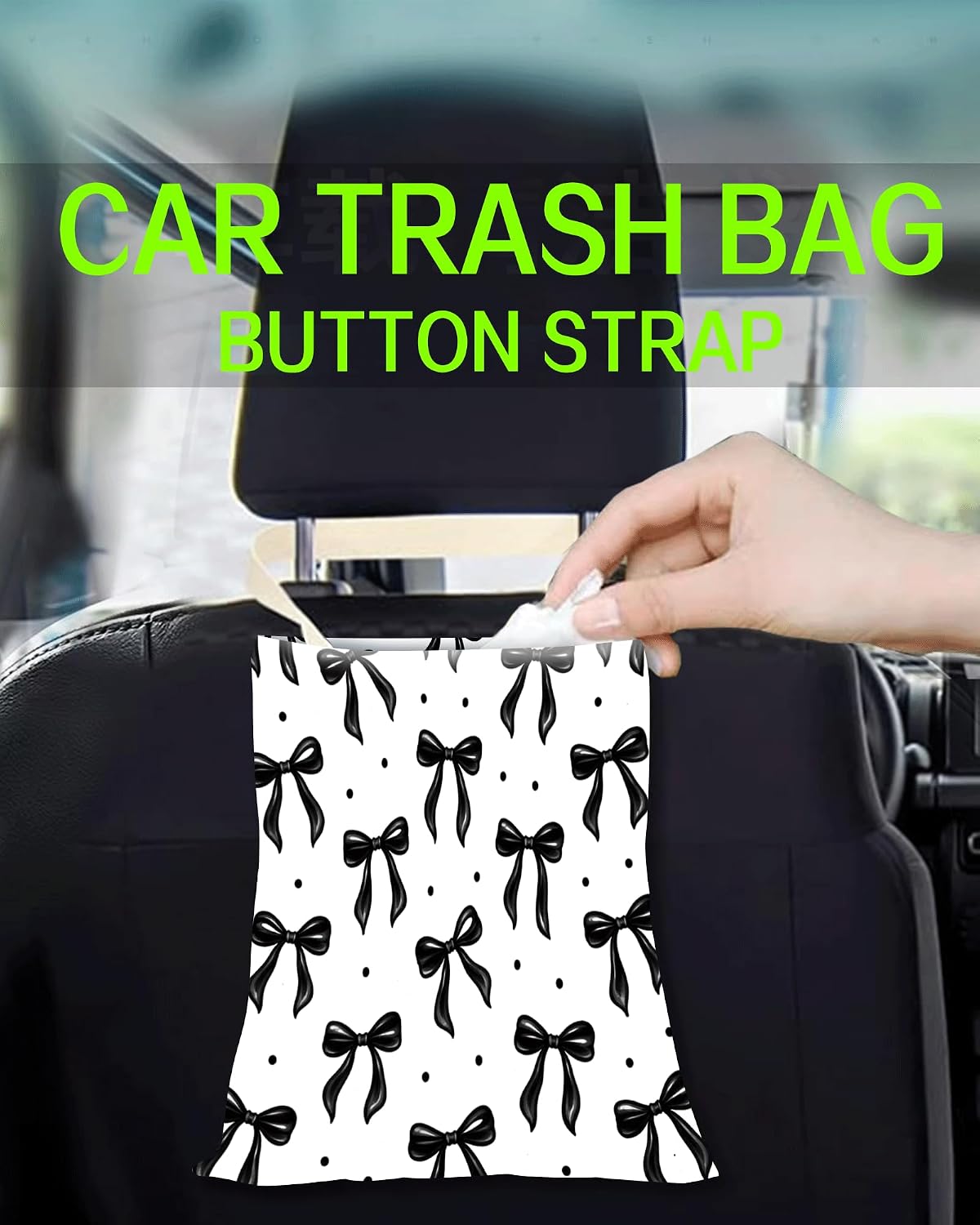 Car Trash Can, Durable Hanging Car Trash Garbage Bag, Cute Automotive Garbage Cans Organizer, Cute Black Bow
