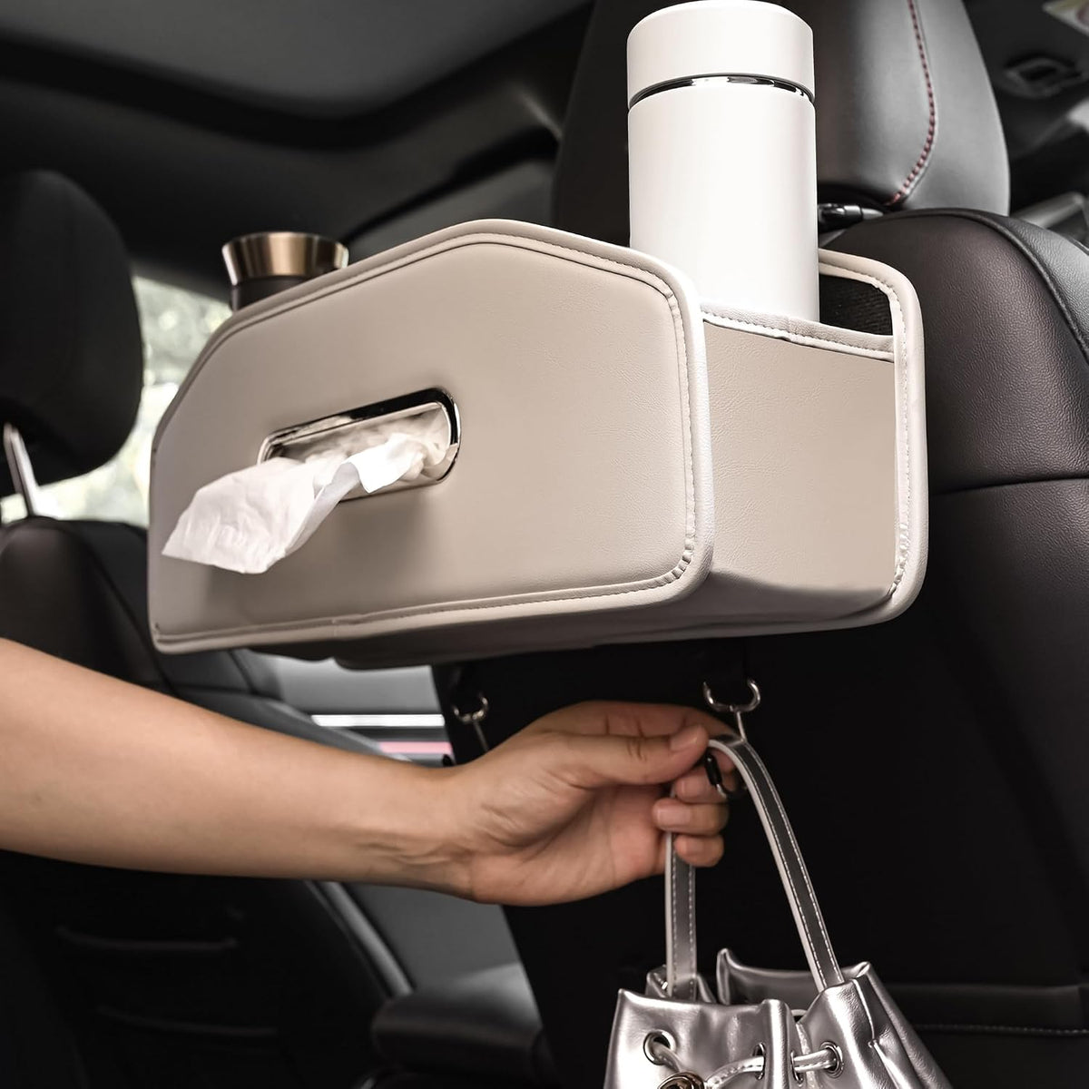 JEYODA Car Seat Back Organizer with 2 Drink Cup Holder,Car Tissue Holder and Storage Box Hook, 3 in 1 Multifunctional Storage for Food Drink Phone, Travel Accessories (Grey)