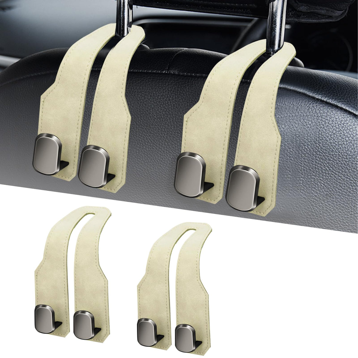 Car Purse Hook, Car Seat Headrest Hooks, Grey Leather 4 Pack