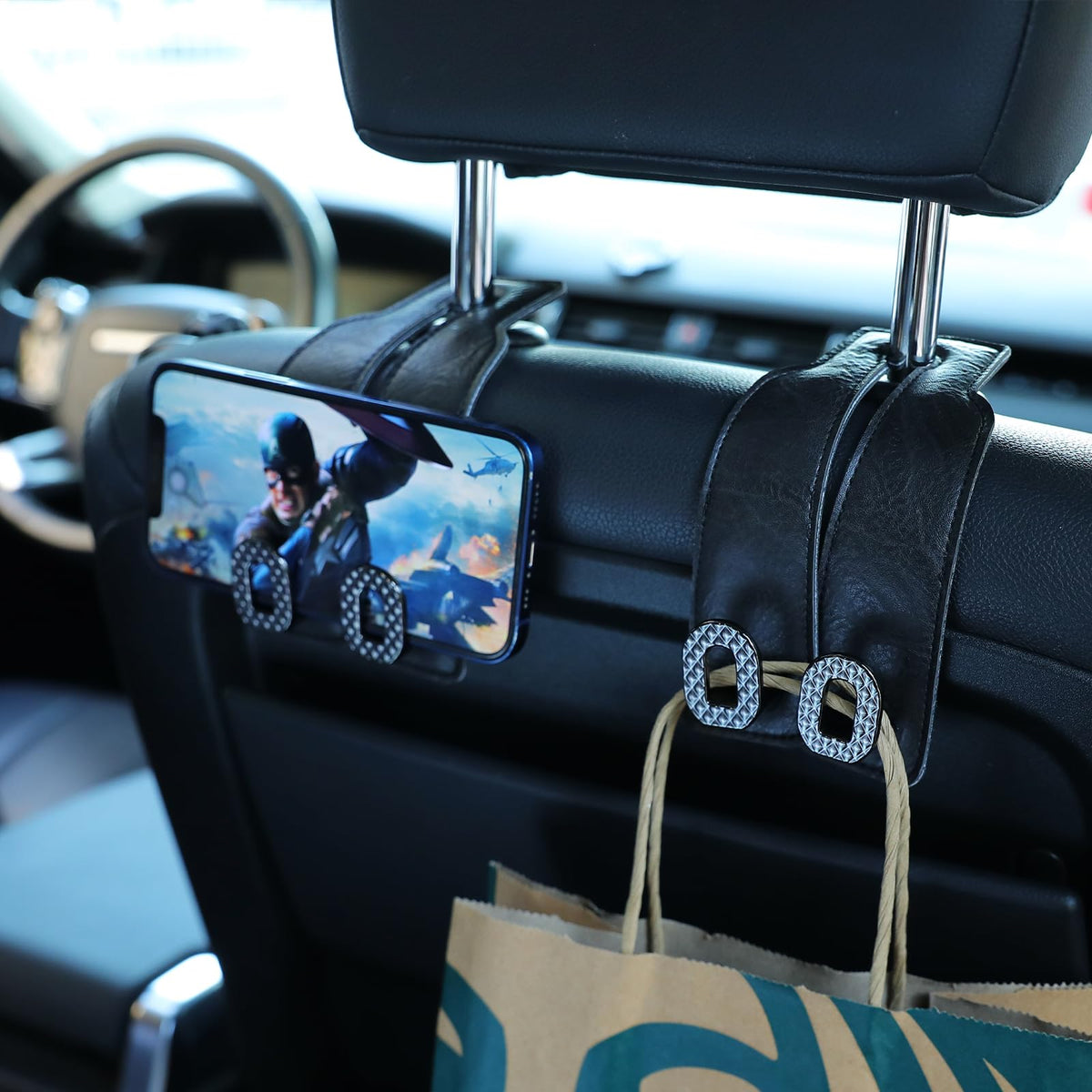 Car Headrest Hooks Universal Car Purse Hook Premium Leather and Alloy Twin Hook Car Seat Back Storage Hanger Hook for Purse Bags Cloth Drink Durable Holder Car Accessories (BH09-Grey-Black)