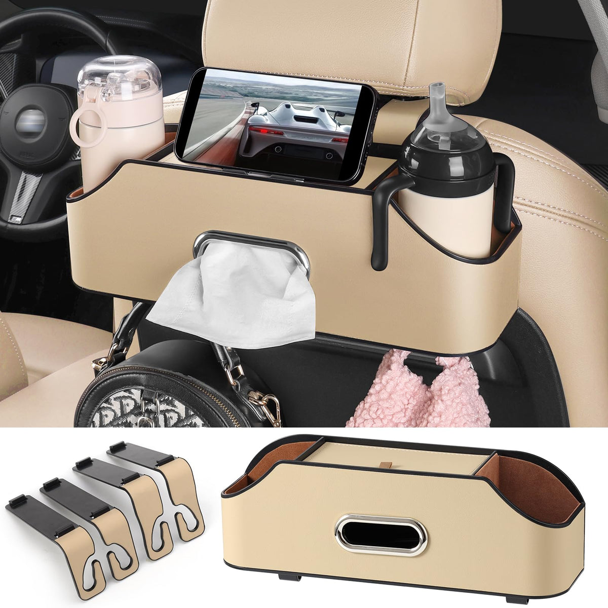 Car Seat Back Cup Holder, 4-in-1 Multifunctional Backseat Organizer with Tissue Box Storage & Hooks (Gray)