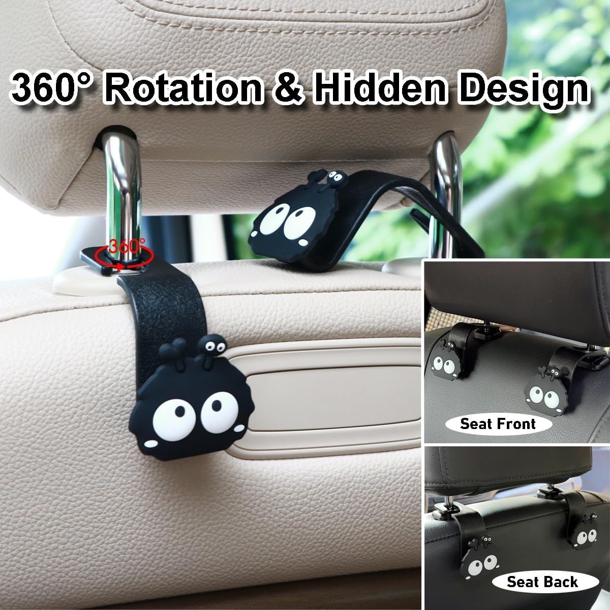 Car Hooks for Purses and Bags Cute Soot Sprite, 2 Pack Black
