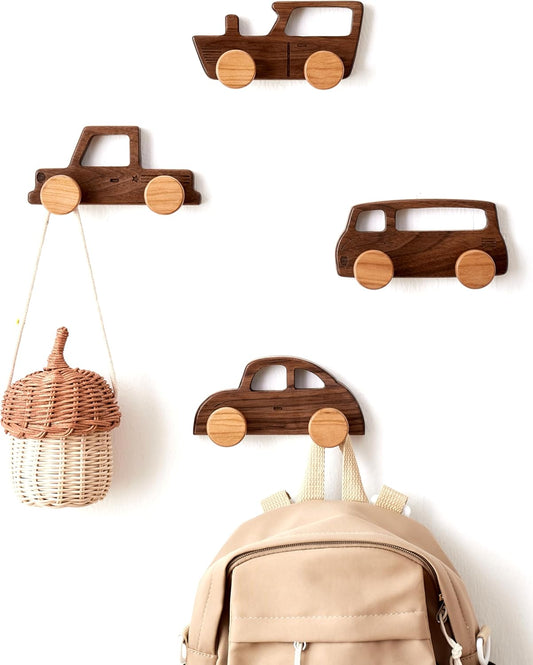 Vinoil Kids Coat Hooks Wall Mount, Walnut Car-Shaped Coat Rack Heavy Duty for Bathrooms,Kids’ Room,Door,Nursery,Entryway, 4 Pack Wood Wall Hooks for Hanging Hats,Backpacks,Towels,Keys&Clothes
